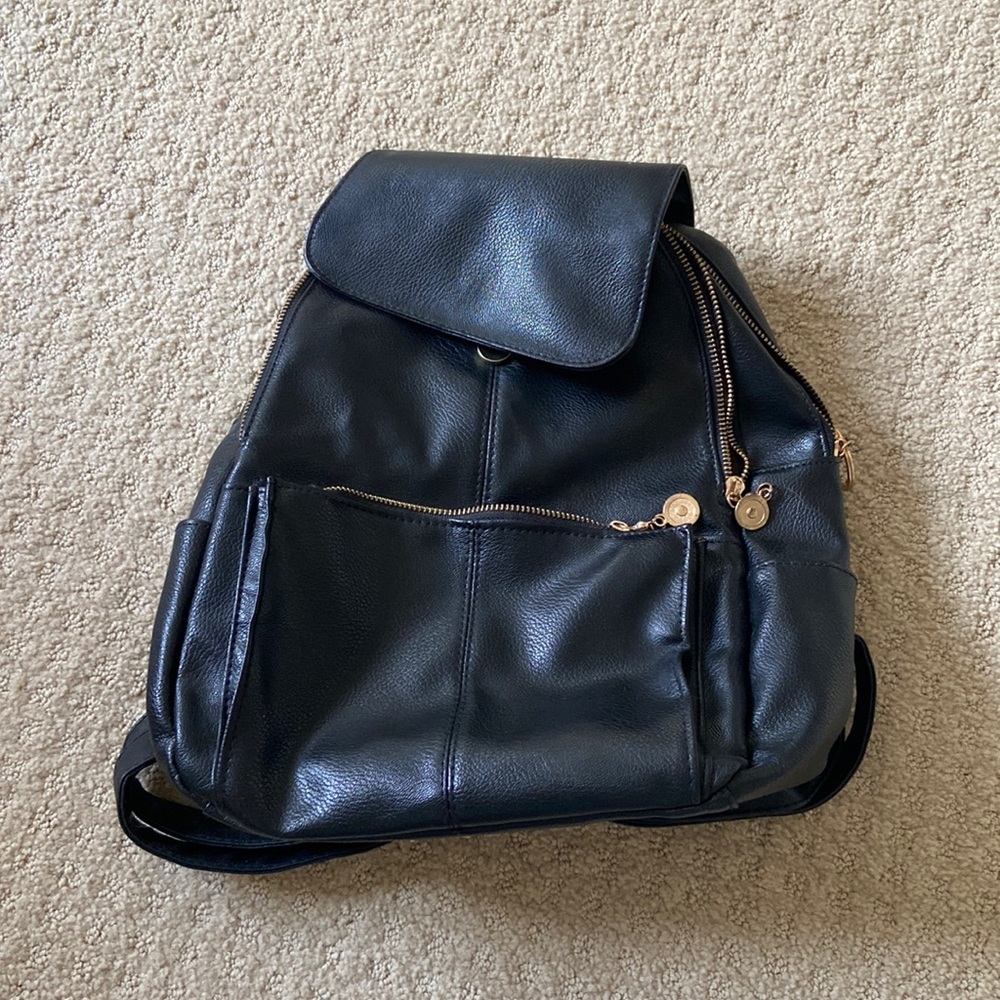 Black faux leather backpack